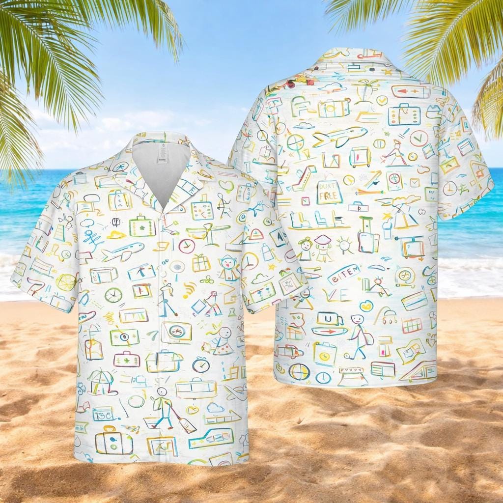 Travel Doodle Hawaiian Shirt, Unisex Aloha Button-Up, Vacation Vibes