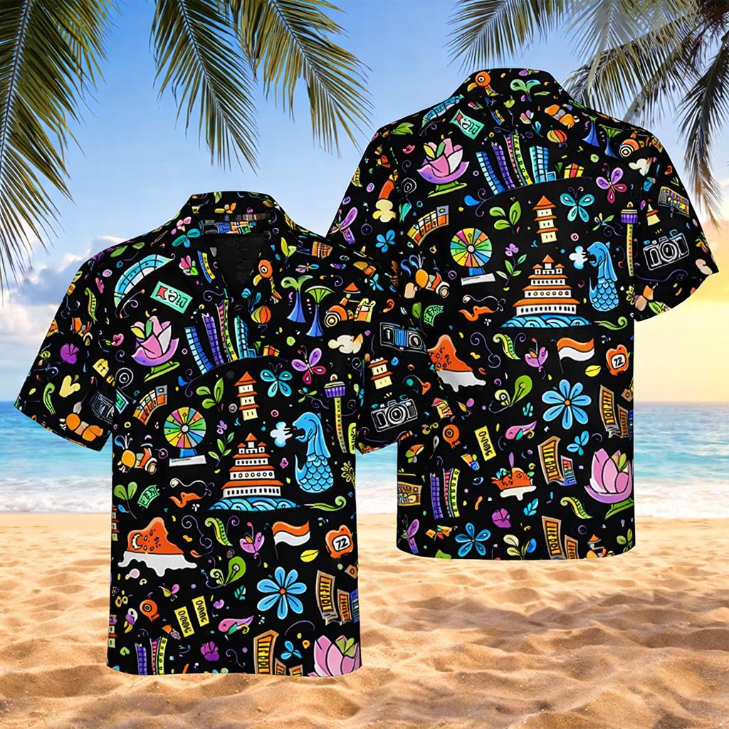 Travel Doodle Hawaiian Shirt, Colorful Aloha Button Up, Summer Vacation Tropical Print