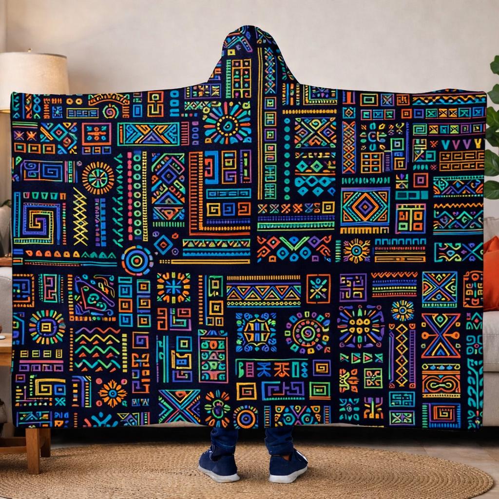 Tribal Fleece Hooded Blanket, Oversized Wearable Blanket