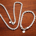 925 Sterling Silver Twisted Rope Chain Necklace Bracelet Set, Minimalist Hip Hop Jewelry