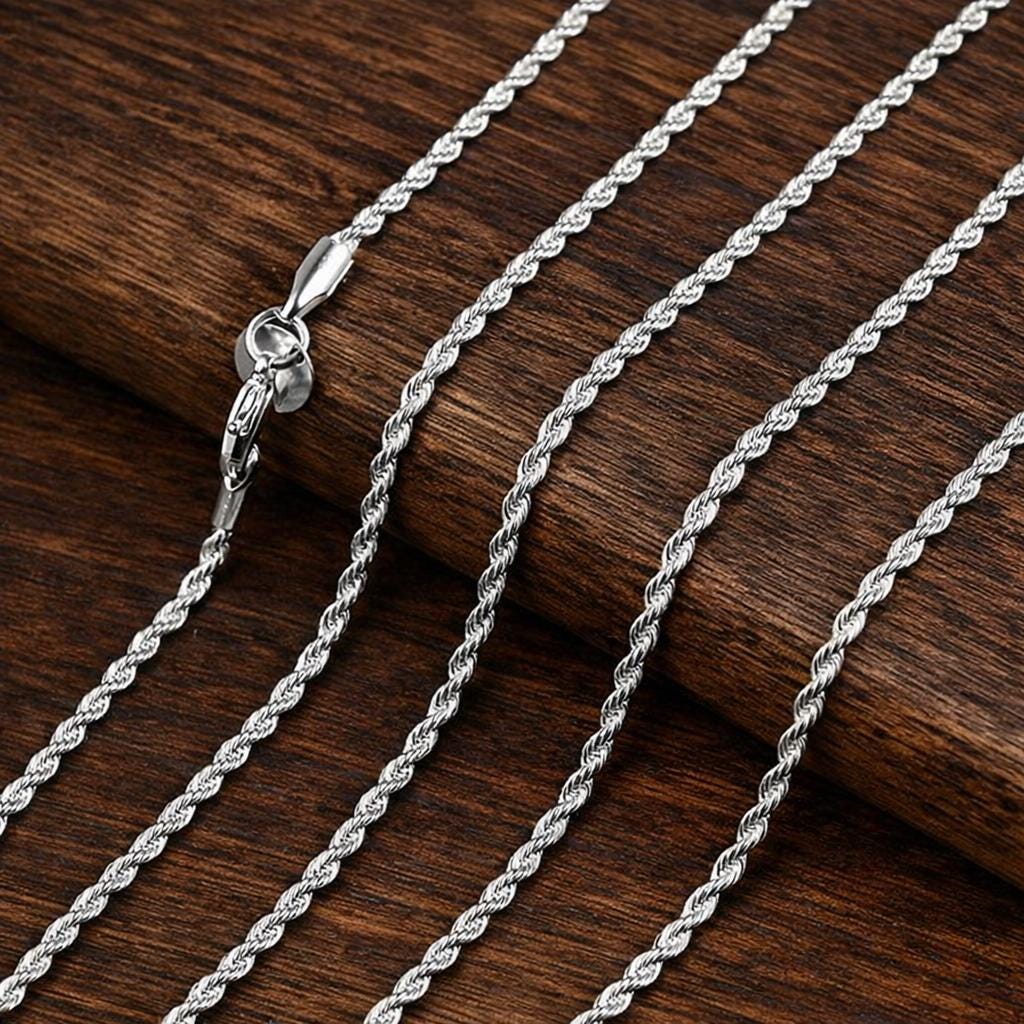 925 Sterling Silver Twisted Rope Chain Necklace Bracelet Set, Minimalist Hip Hop Jewelry