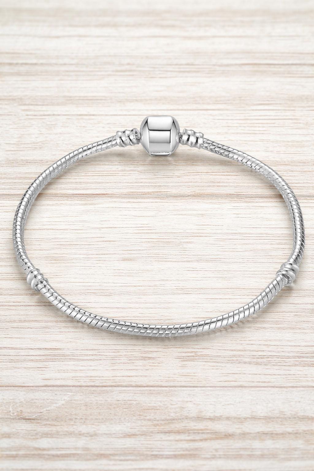 925 Sterling Silver Snake Chain Charm Bracelet, Minimalist European Bead Style