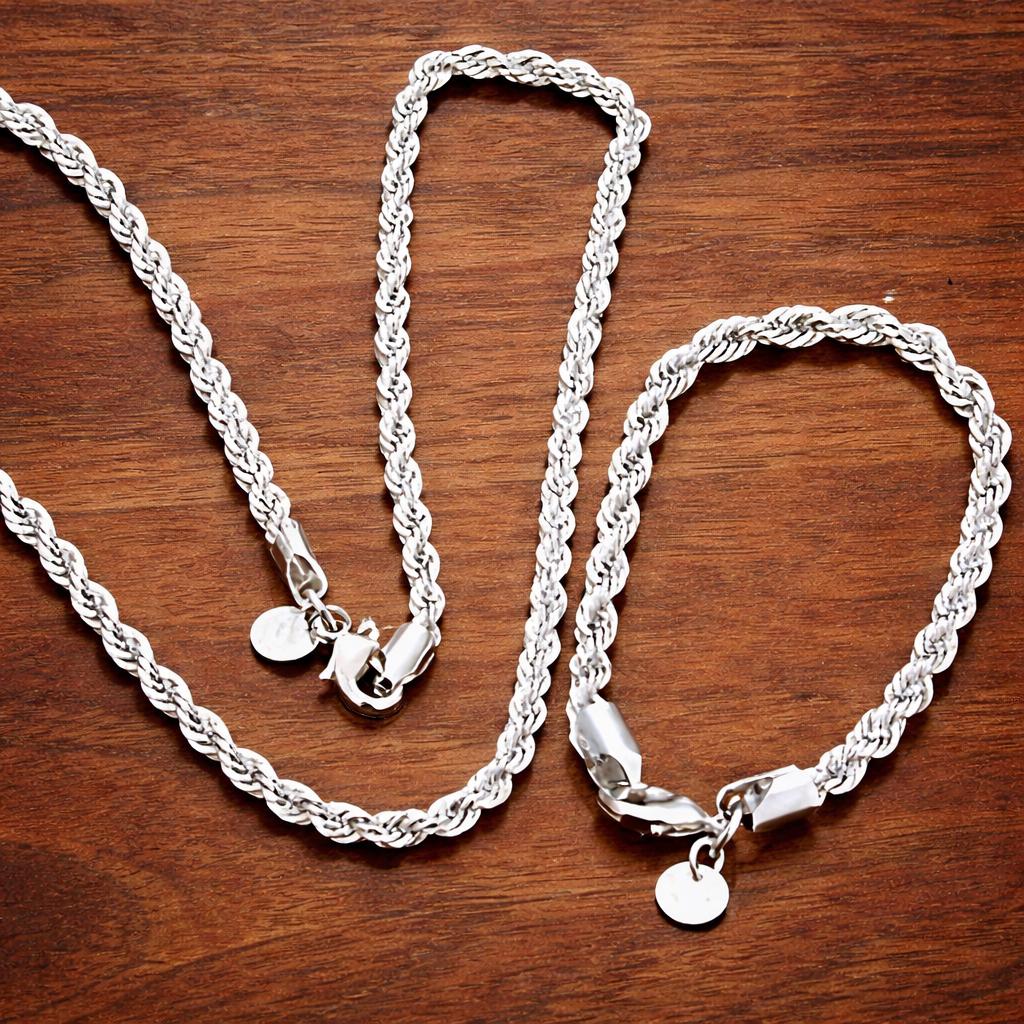 925 Sterling Silver Twisted Rope Chain Necklace Bracelet Set, Shiny Hip Hop Jewelry