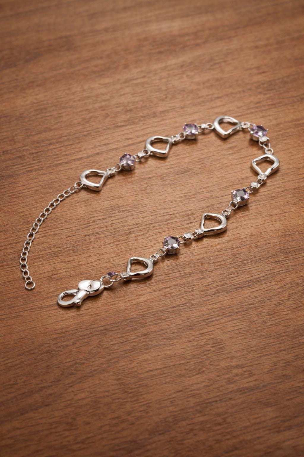 Sterling Silver Plated Heart Bracelet, Purple Zirconia, Elegant Romantic Jewelry