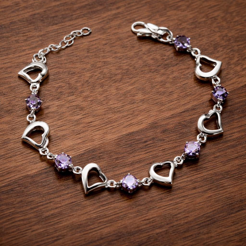 Sterling Silver Plated Heart Bracelet, Purple Zirconia, Elegant Romantic Jewelry
