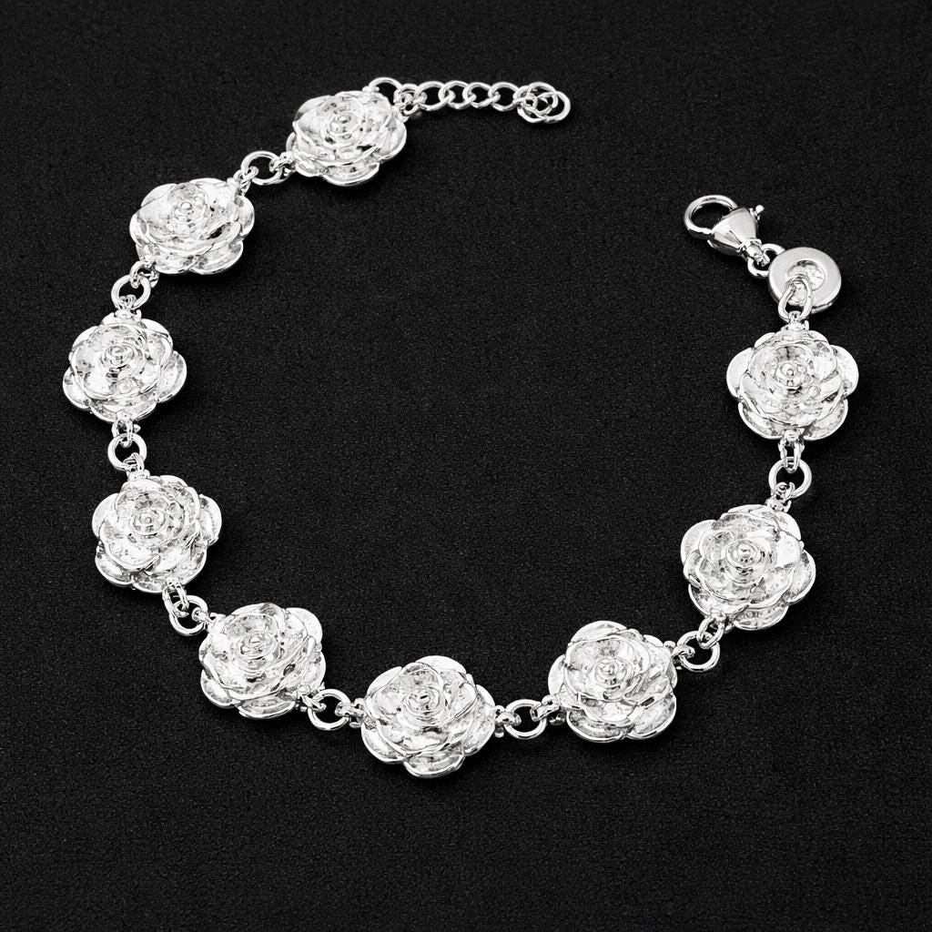 925 Sterling Silver Rose Bracelet, Adjustable Floral Charm Jewelry Gift