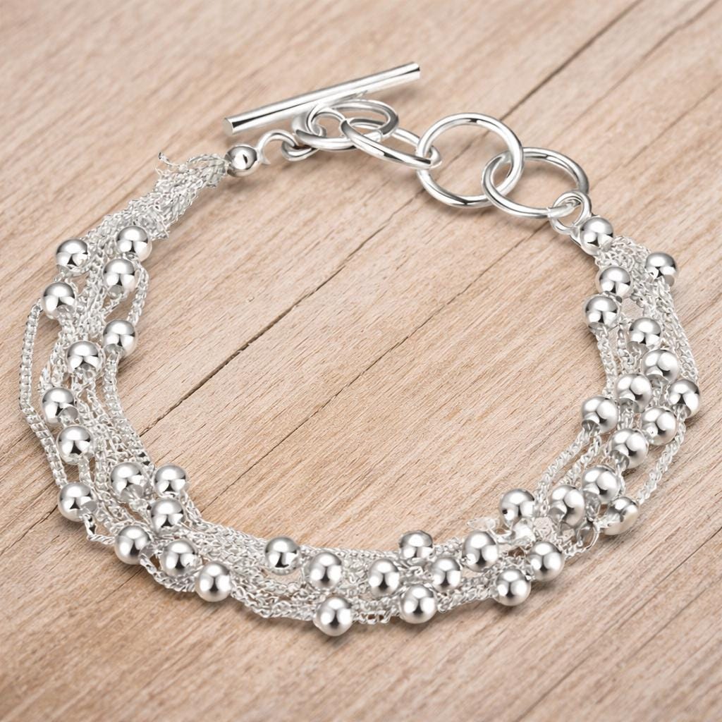 925 Sterling Silver Plated Layered Bead Bracelet, Six-Chain Dainty Jewelry