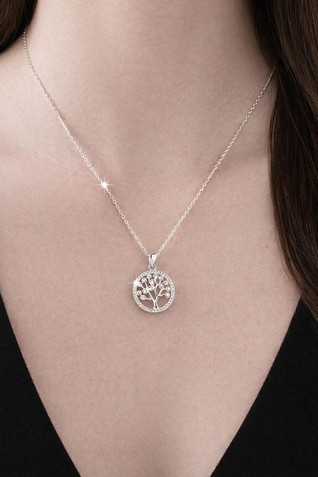 Tree of Life Pendant Necklace in 925 Sterling Silver, Round Zirconia, Minimalist Style