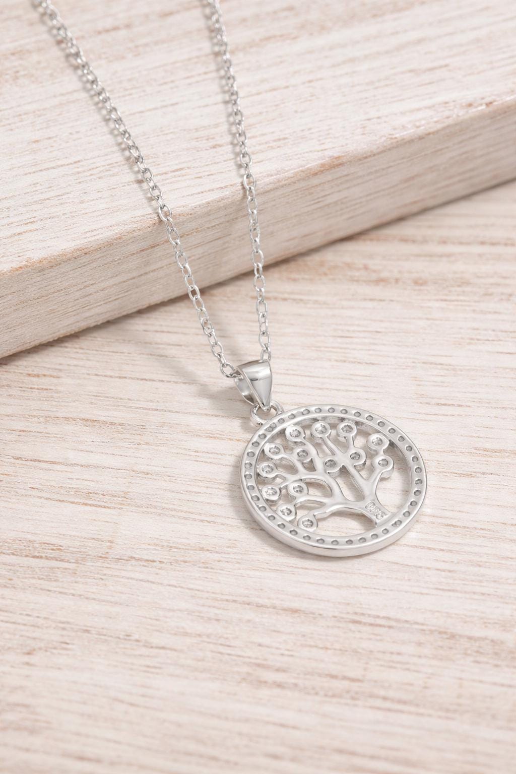 Tree of Life Pendant Necklace in 925 Sterling Silver, Round Zirconia, Minimalist Style