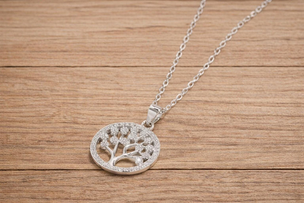 925 Sterling Silver Tree of Life Pendant Necklace, Round Zirconia, Minimalist Jewelry