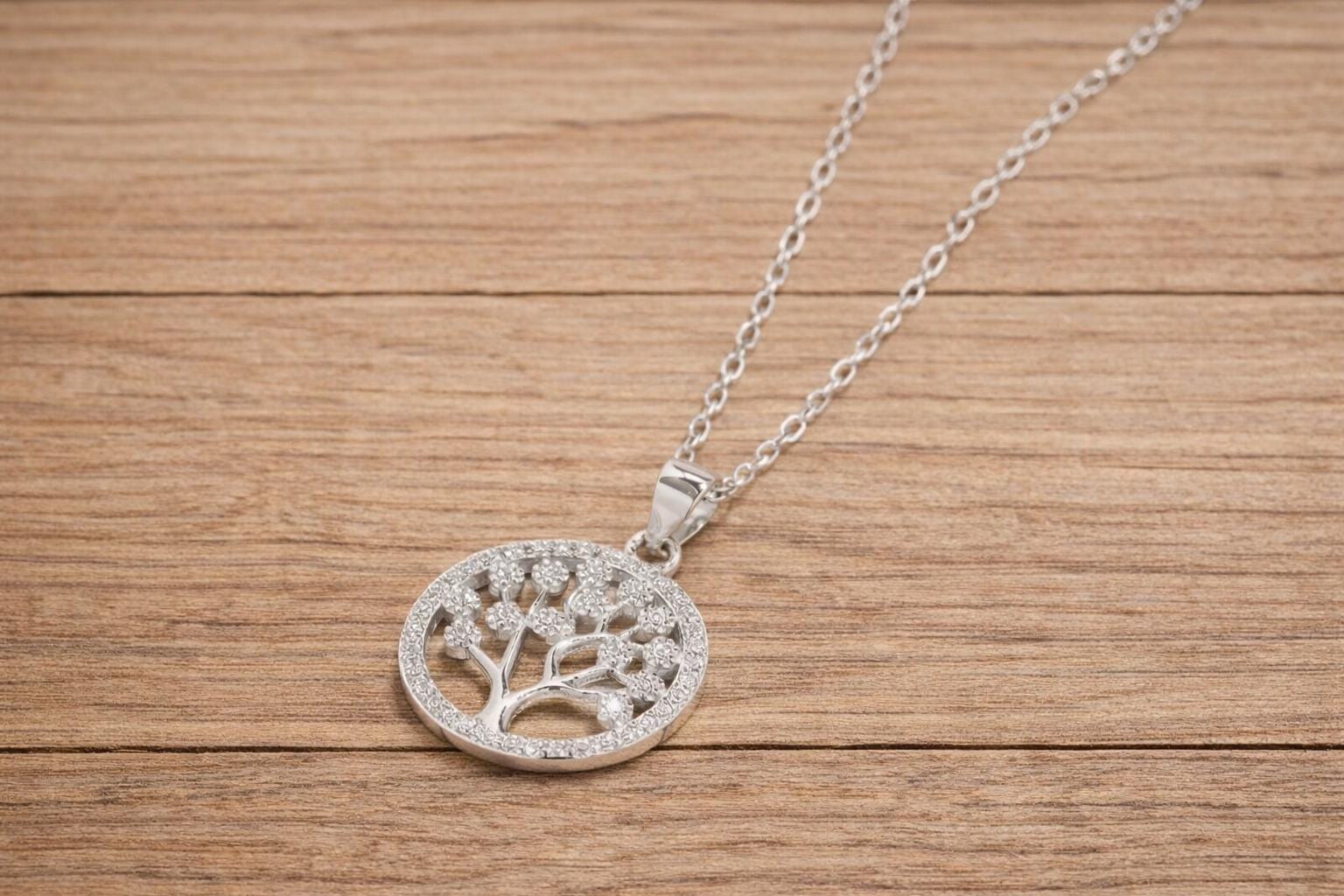 925 Sterling Silver Tree of Life Pendant Necklace, Round Zirconia, Minimalist Jewelry