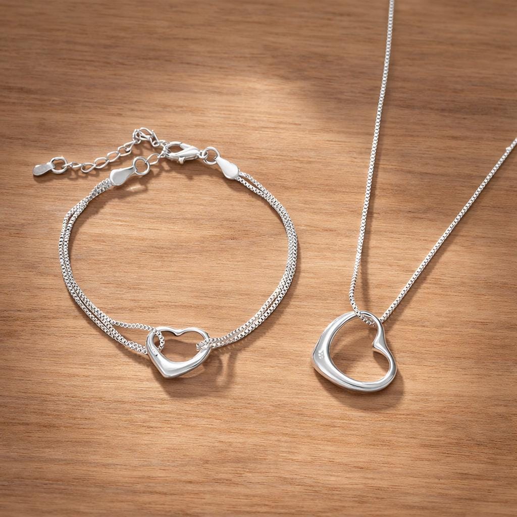 925 Sterling Silver Heart Jewelry Set, Minimalist Matching Necklace Bracelet for Women