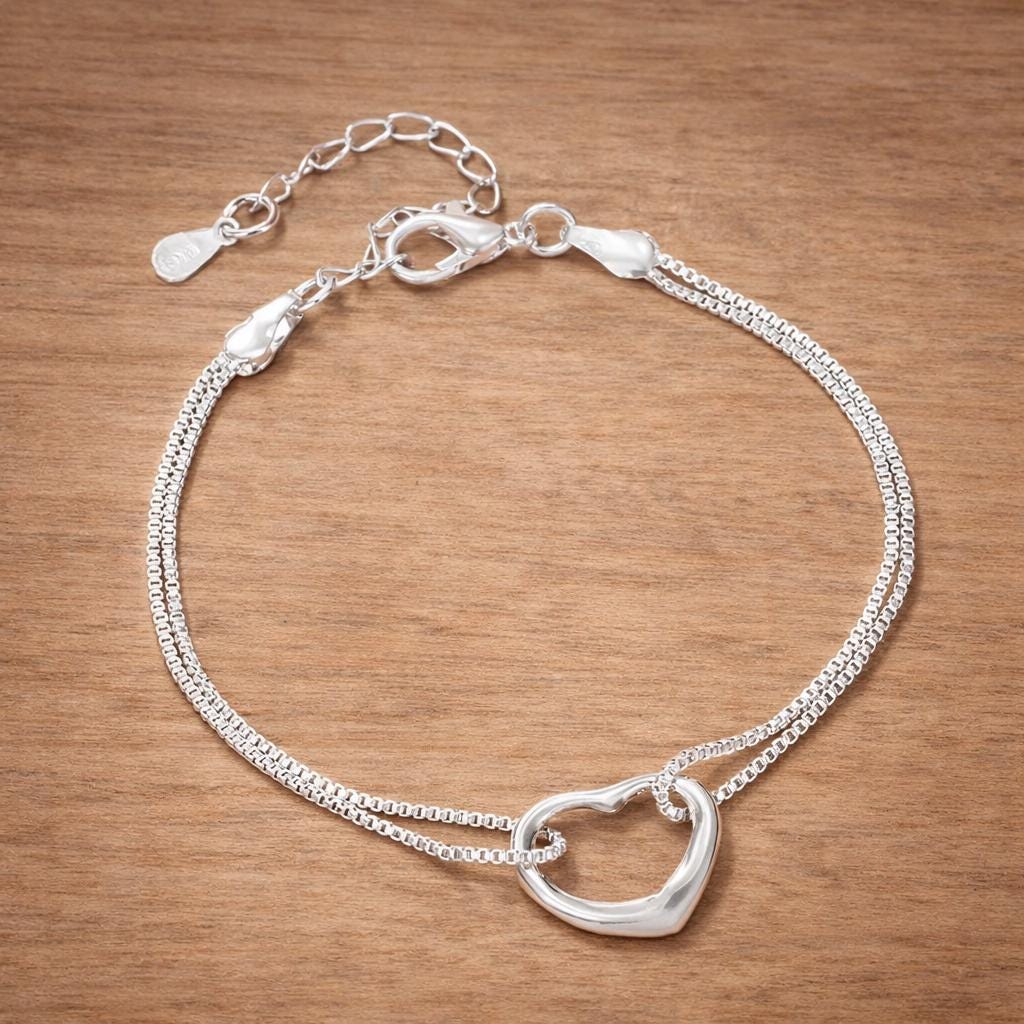 925 Sterling Silver Heart Jewelry Set, Minimalist Matching Necklace Bracelet for Women