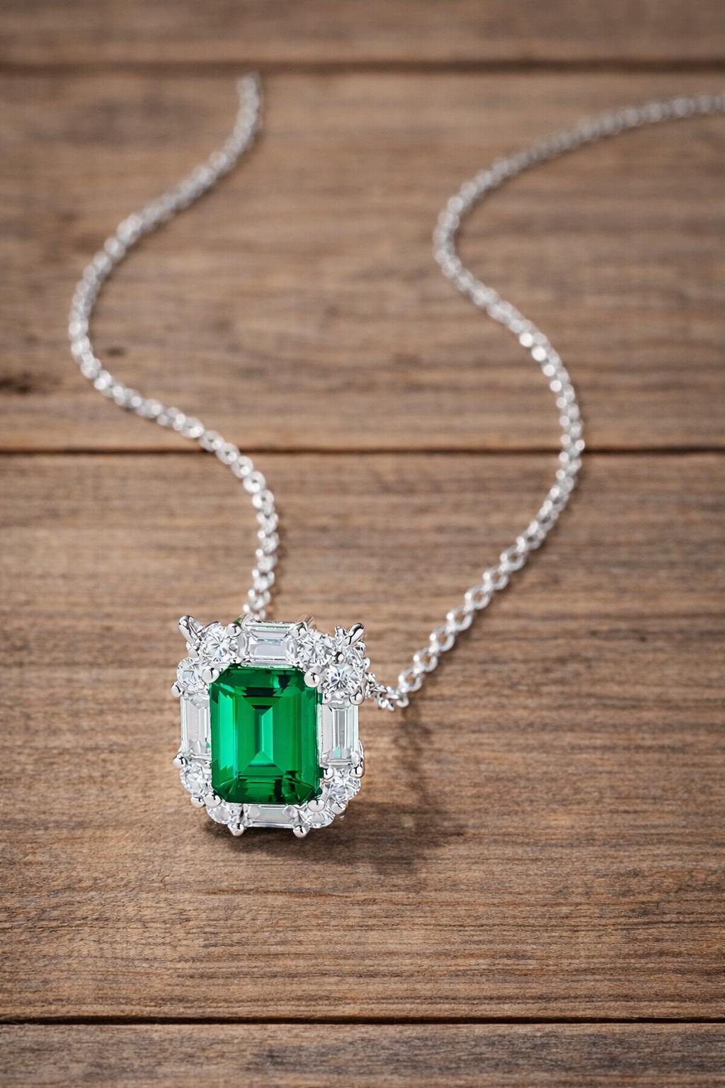 925 Sterling Silver Emerald Green Cubic Zirconia Pendant Necklace, Elegant Halo Design