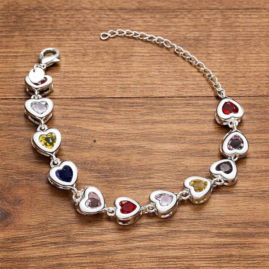 Sterling Silver Plated Heart Charm Bracelet, Crystal Chain Jewelry, Women's Elegant Gift