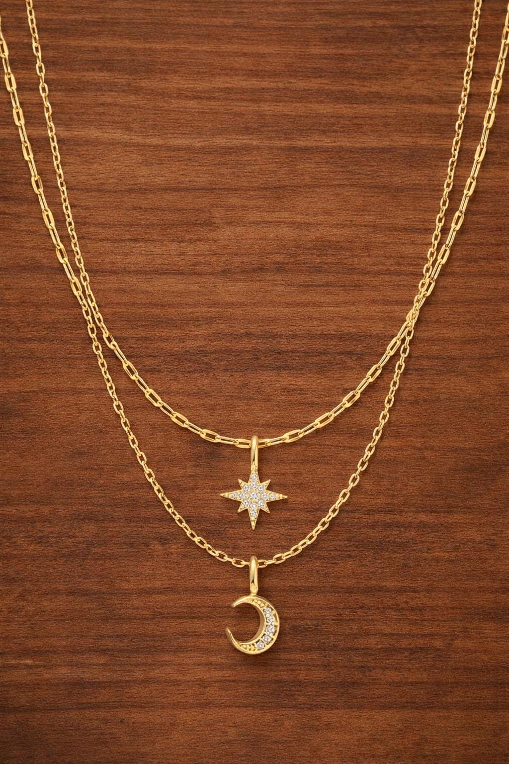 925 Sterling Silver Double Layer Star Moon Pendant Necklace, Celestial Elegant Jewelry