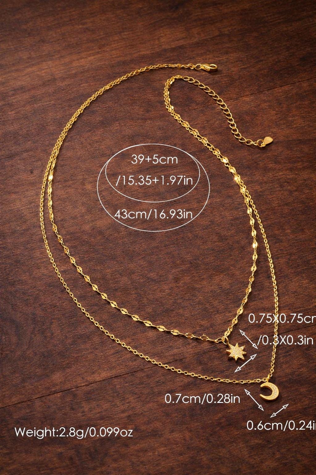 925 Sterling Silver Double Layer Star Moon Pendant Necklace, Celestial Elegant Jewelry