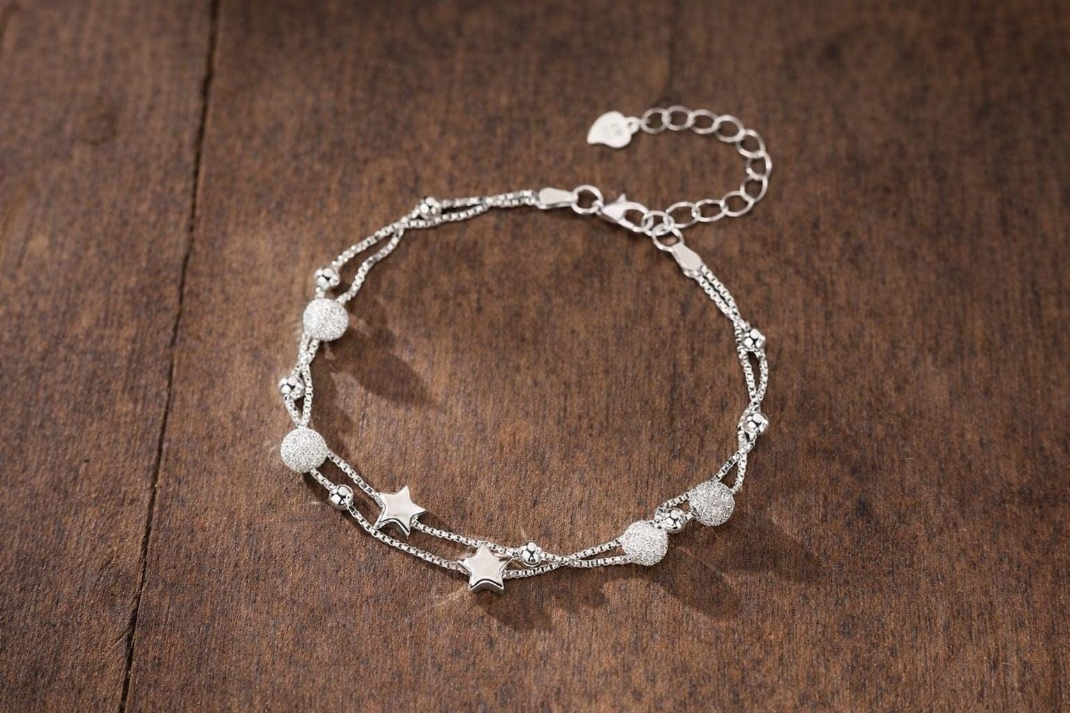925 Sterling Silver Plated Star Bracelet, Korean Fashion Minimalist Bead Jewelry