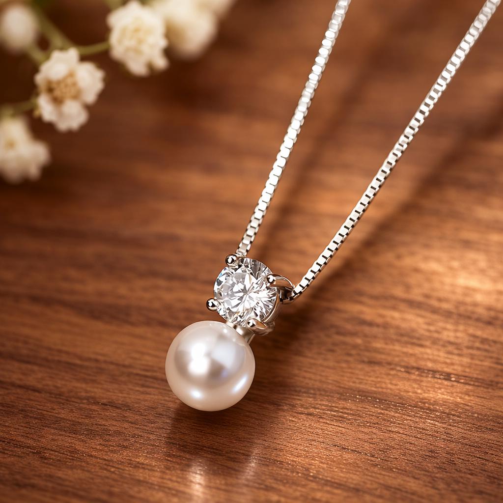 Sterling Silver Pearl Diamond Pendant Necklace, Elegant Collarbone Chain Jewelry
