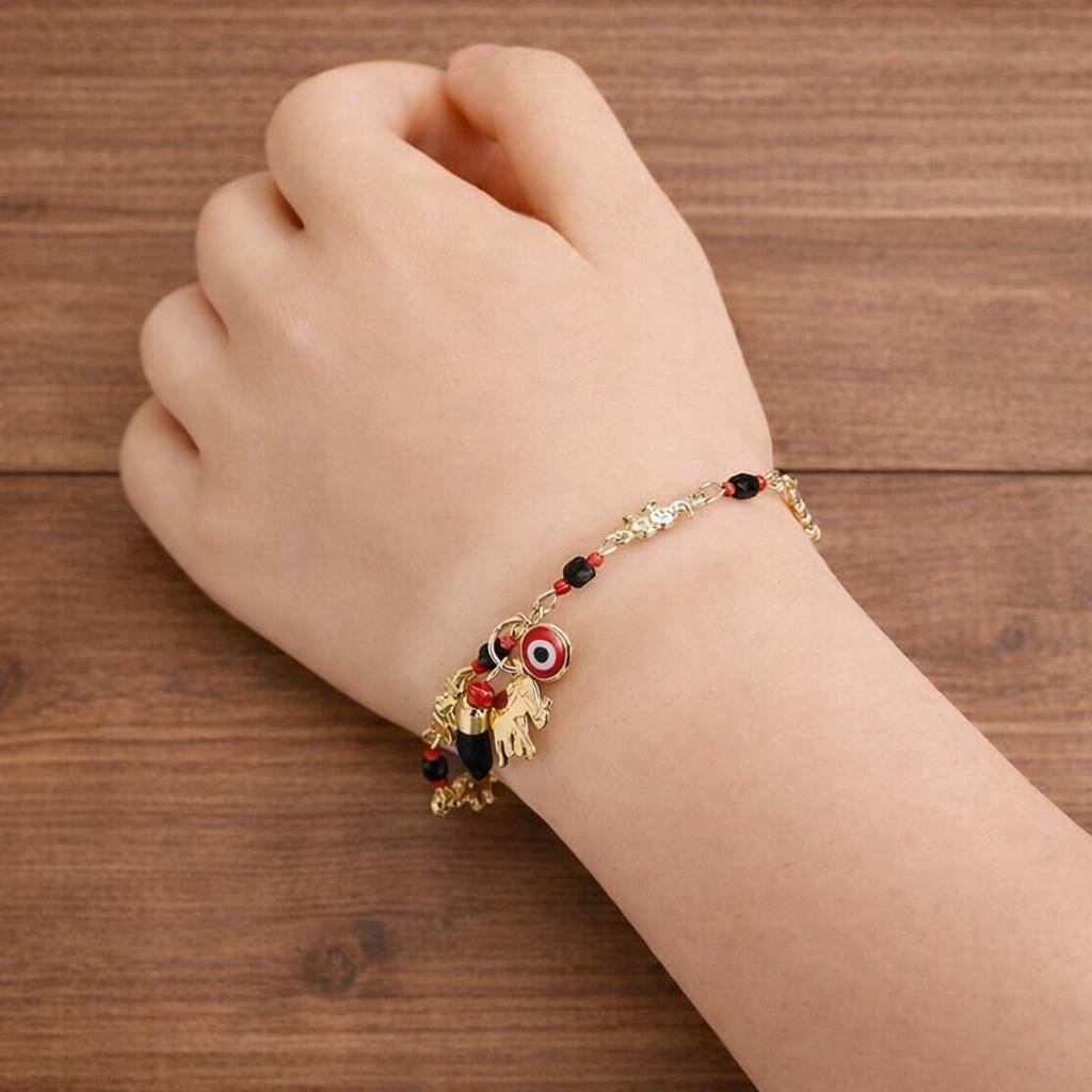 14K Gold-Tone Lucky Eye Elephant Charm Bracelet – Brass Protection Amulet