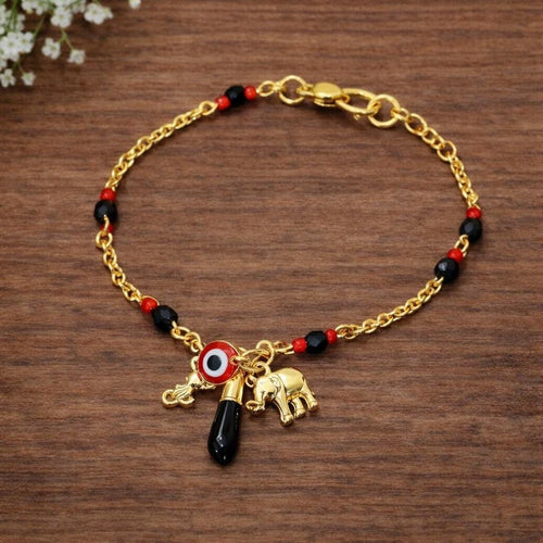 14K Gold-Tone Lucky Eye Elephant Charm Bracelet – Brass Protection Amulet