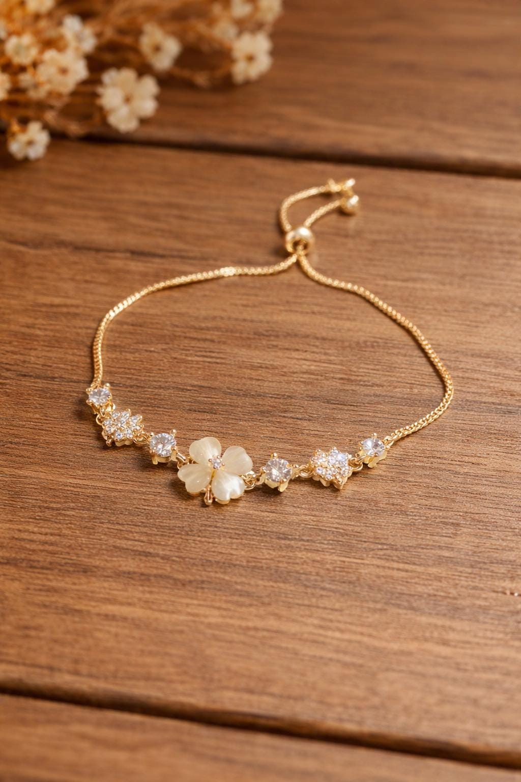 Cat's Eye Flower Bracelet, Rhinestone Adjustable Chain, Elegant Minimalist Jewelry