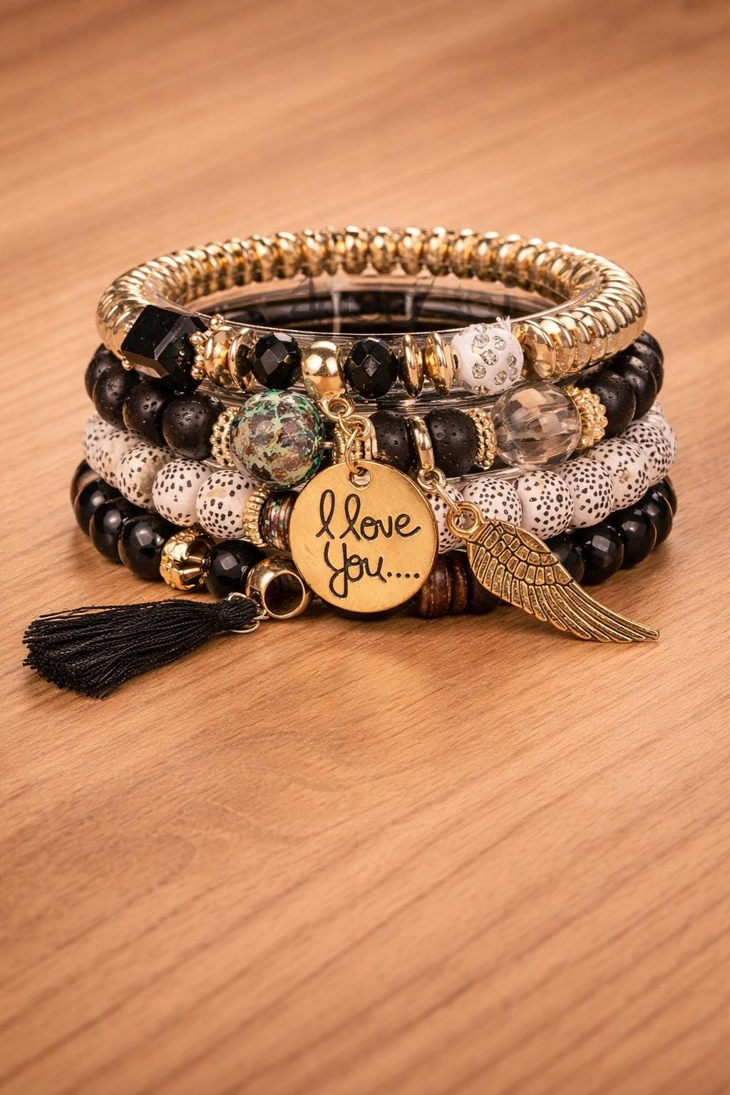 Boho Multilayer Beaded Bracelet Set, Tassel & Alloy Charm Stack (4PCS)