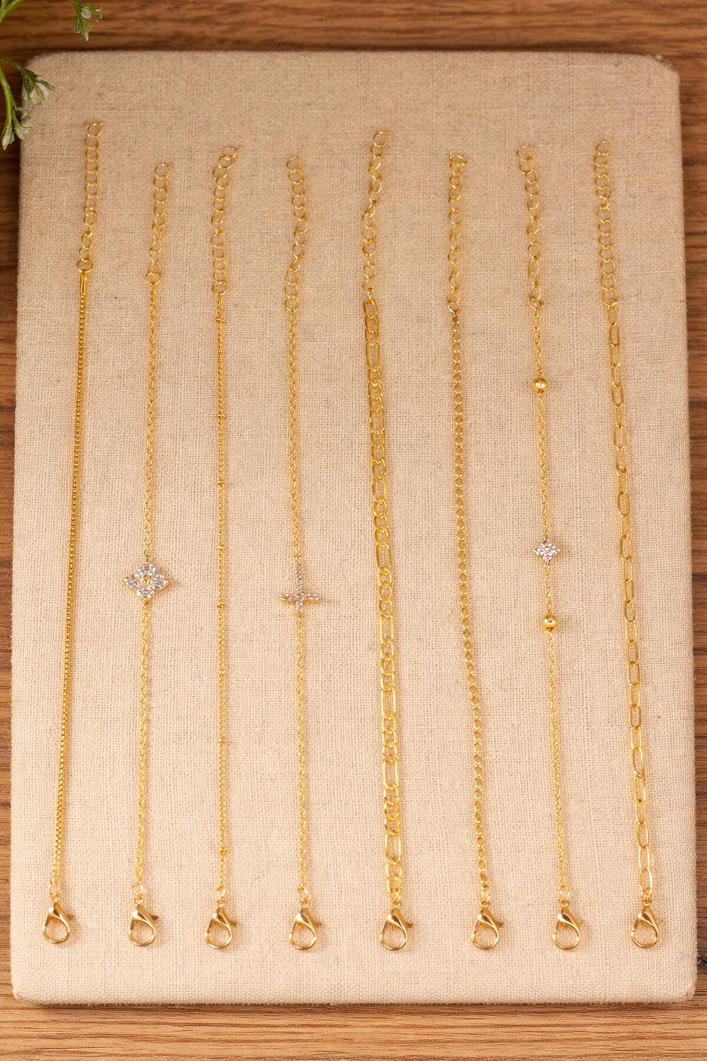 8pc Gold CZ Cross Clover Bracelet Set, Layered Dainty Chain Jewelry
