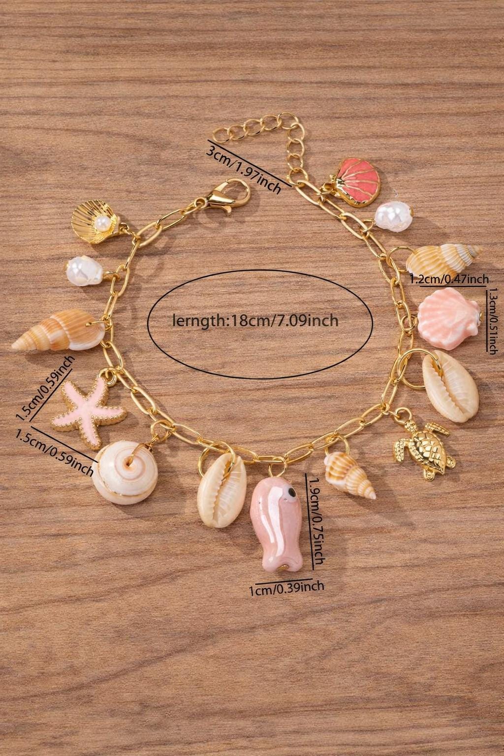 Y2K Summer Charm Bracelet, Cherry Starfish Chili Pendant, Vacation Style Chain Bracelet