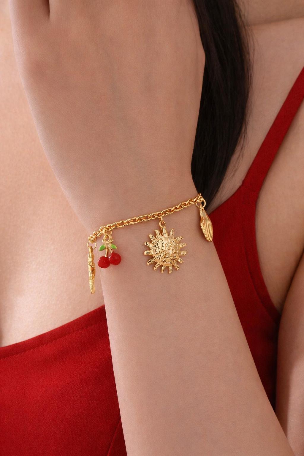 Y2K Summer Charm Bracelet, Cherry Starfish Chili Pendant, Vacation Style Chain Bracelet