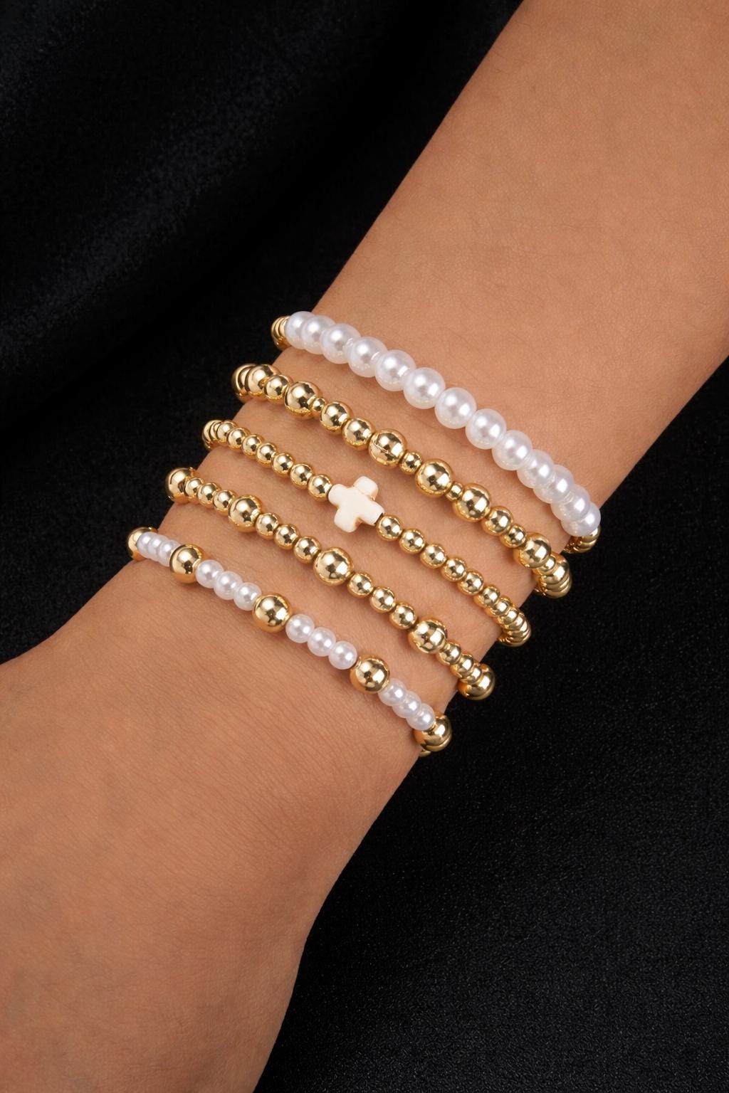 Boho Gold Faux Pearl Beaded Bracelet Set, Cross Charm Stackable Jewelry
