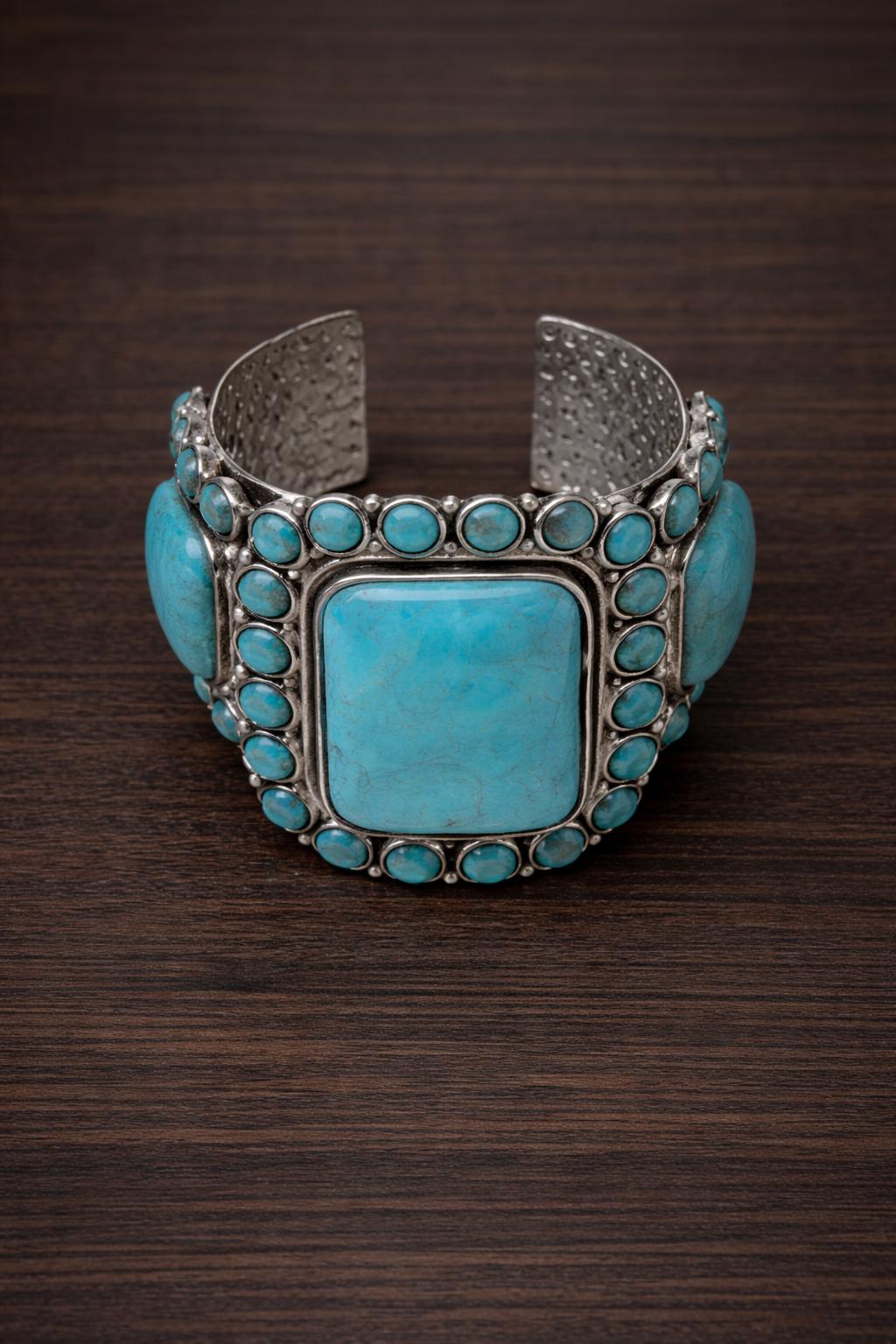 Western Cowgirl Boho Cuff Bracelet, Faux Turquoise Statement Jewelry, Vintage Bohemian Style