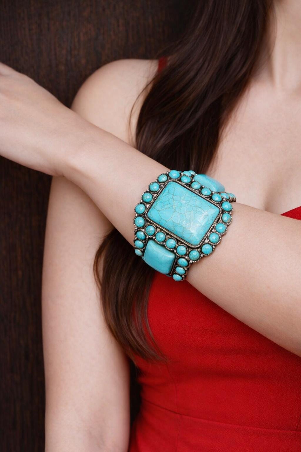 Western Cowgirl Boho Cuff Bracelet, Faux Turquoise Statement Jewelry, Vintage Bohemian Style