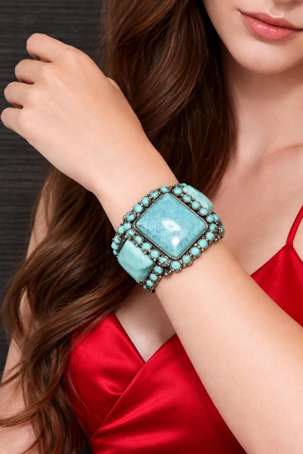 Western Cowgirl Boho Cuff Bracelet, Faux Turquoise Statement Jewelry, Vintage Bohemian Style