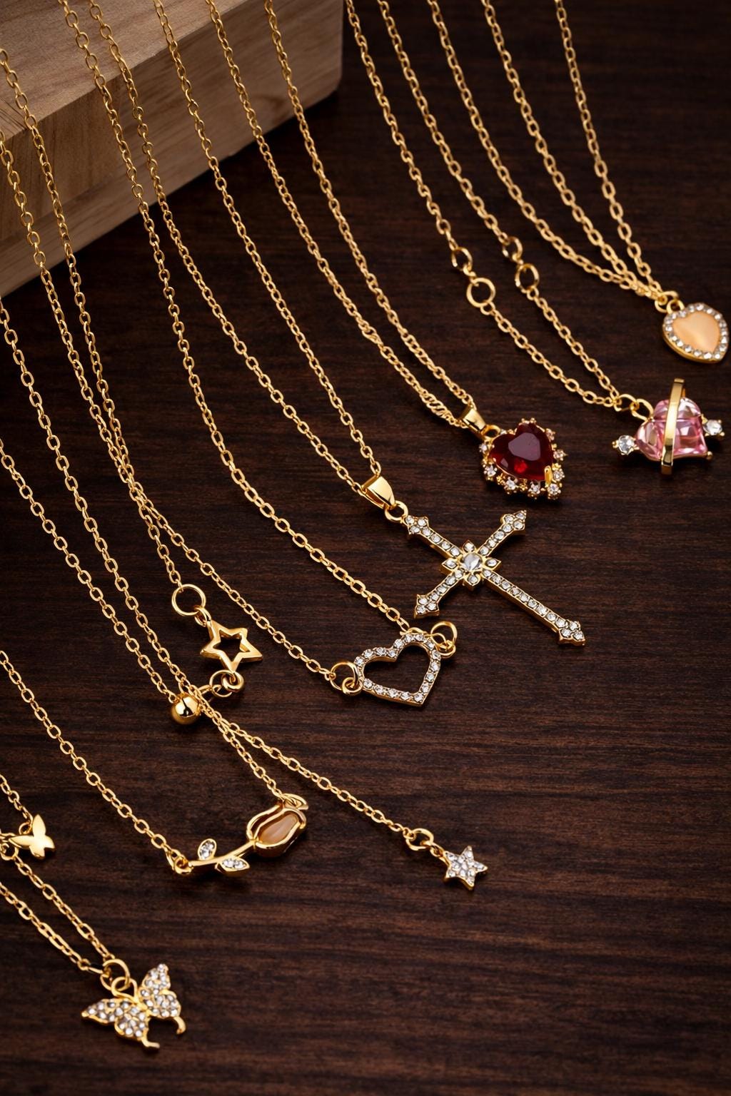 8-Piece Y2K Layered Necklace Set – Crystal Heart, Cross, Butterfly, Star Pendants