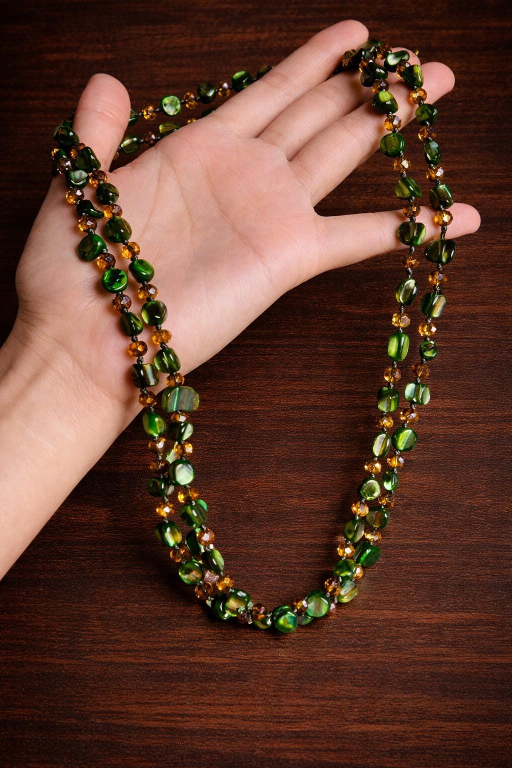 Vintage Boho Shell Beaded Double Layer Necklace, Colorful Pearl Gemstone Long Necklace