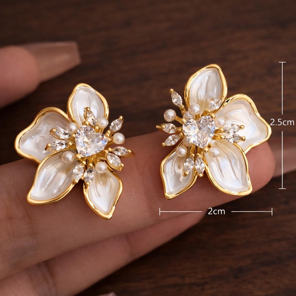 Crystal Flower Stud Earrings, Gold Pearl Petal Floral Jewelry