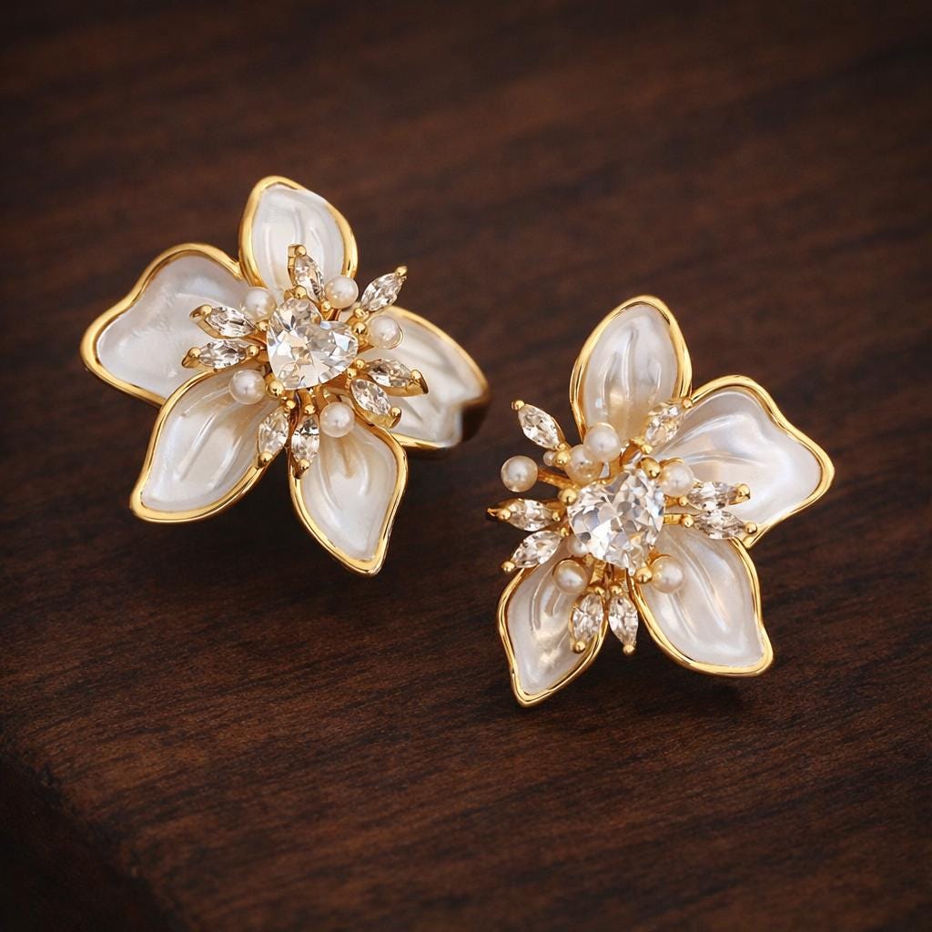 Crystal Flower Stud Earrings, Gold Pearl Petal Floral Jewelry