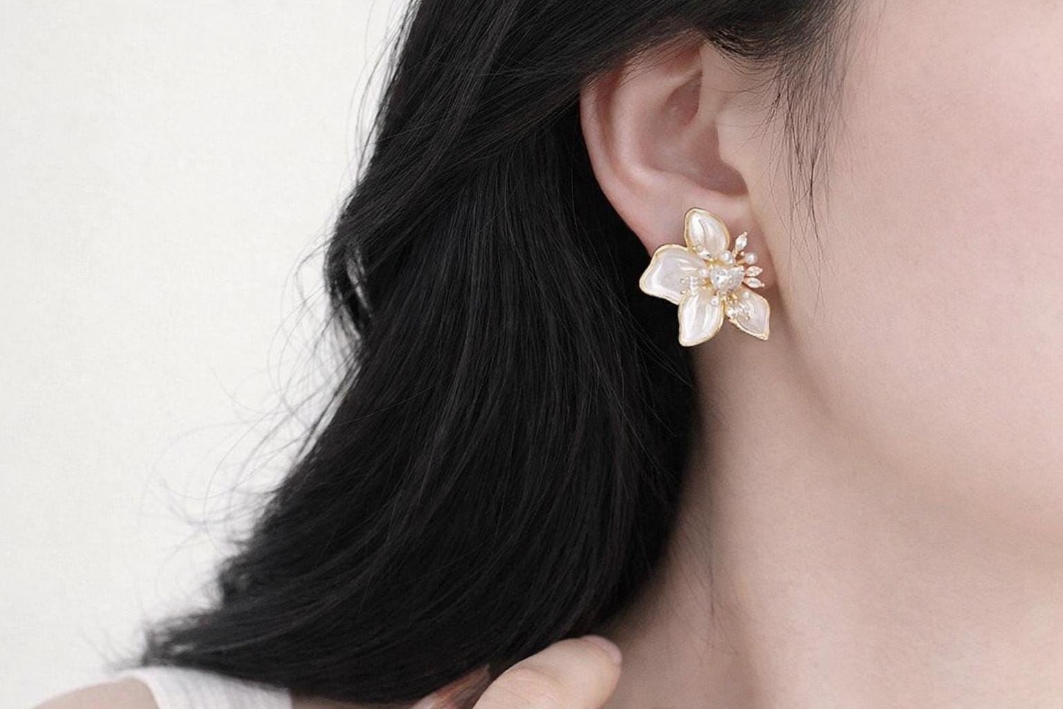 Crystal Flower Stud Earrings, Gold Pearl Petal Floral Jewelry