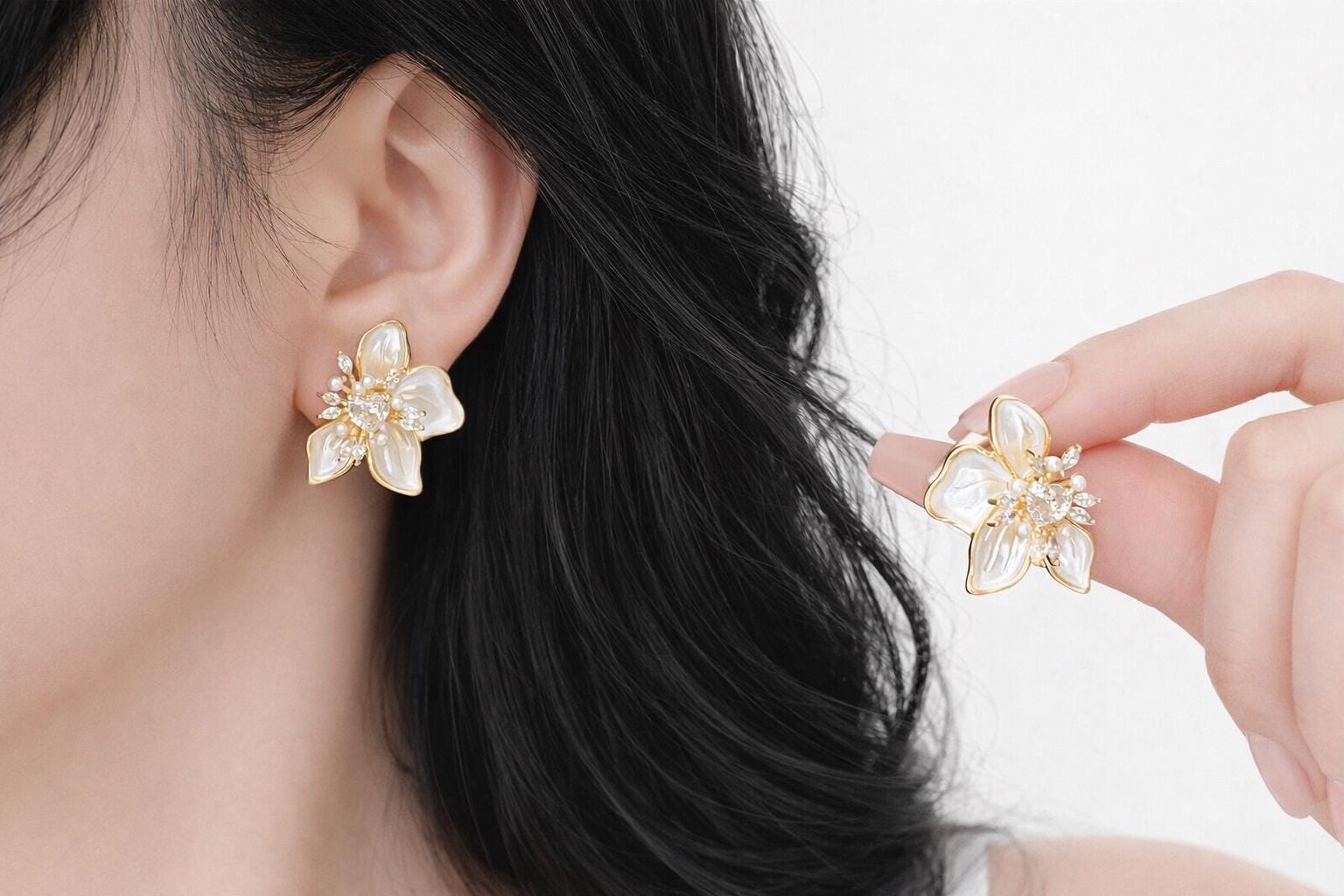 Crystal Flower Stud Earrings, Gold Pearl Petal Floral Jewelry