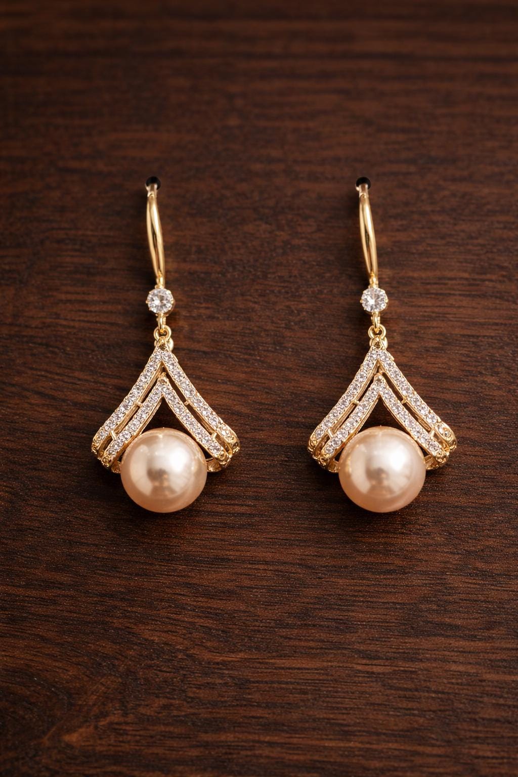 Champagne Pearl Drop Earrings, Elegant Gold Dangle, Cubic Zirconia, Wedding Jewelry