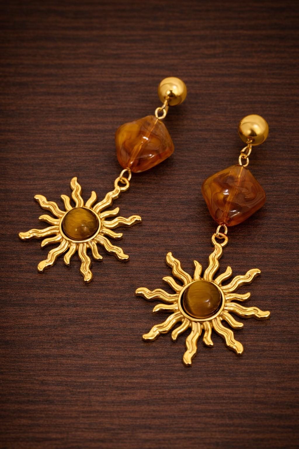 Vintage Sun Dangle Earrings, Gold Stainless Steel, Amber Resin Drop Jewelry