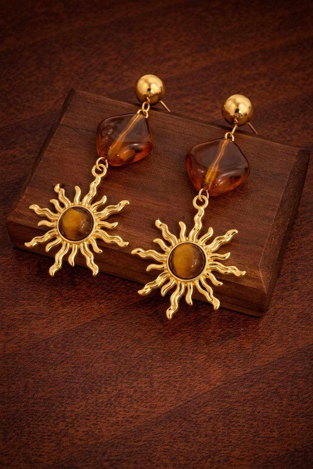 Vintage Sun Dangle Earrings, Gold Stainless Steel, Amber Resin Drop Jewelry