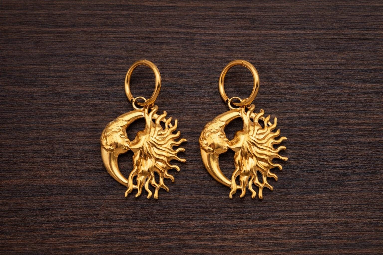 Boho Gold Sun Moon Evil Eye Pendant Earrings Set, 18K Plated Stainless Steel Jewelry