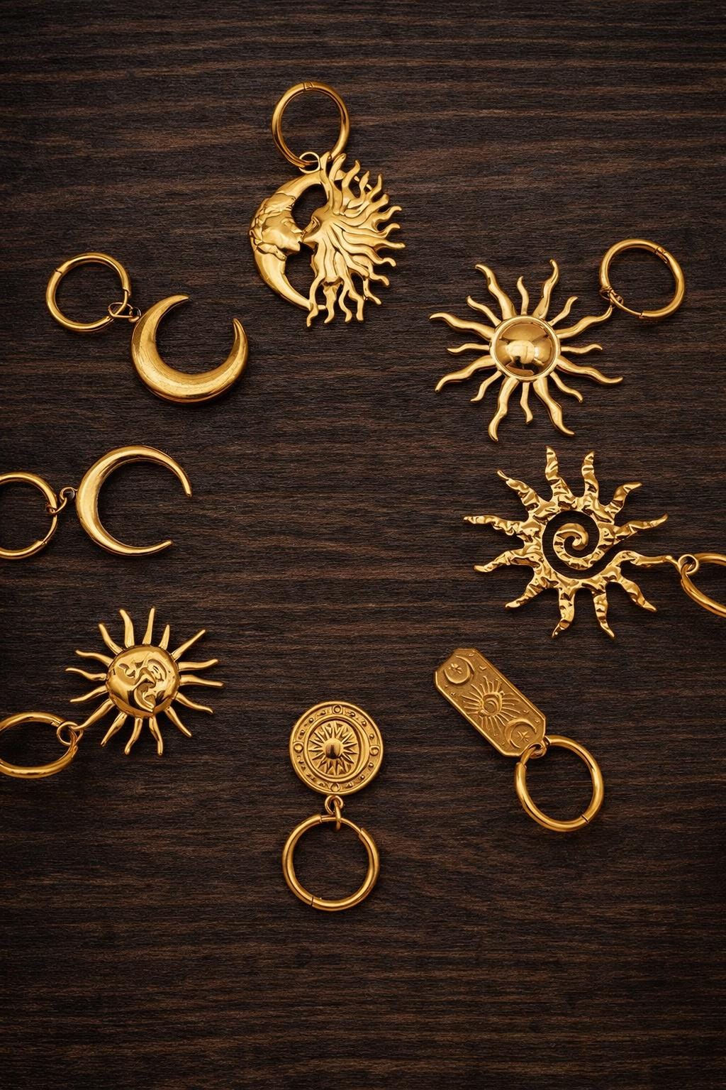 Boho Gold Sun Moon Evil Eye Pendant Earrings Set, 18K Plated Stainless Steel Jewelry