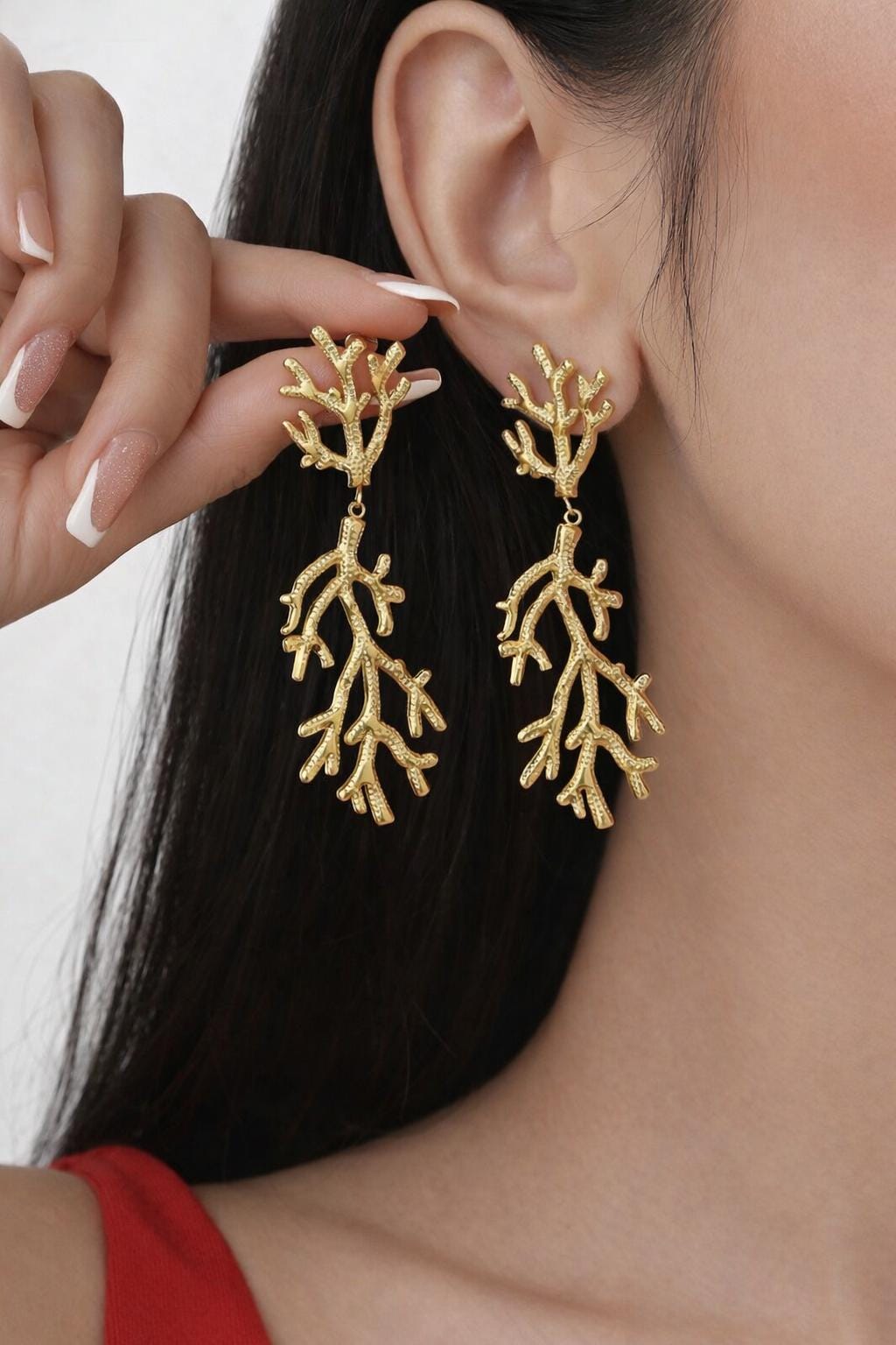 18K Gold Plated Coral Drop Earrings, Stainless Steel Ocean Dangle Jewelry