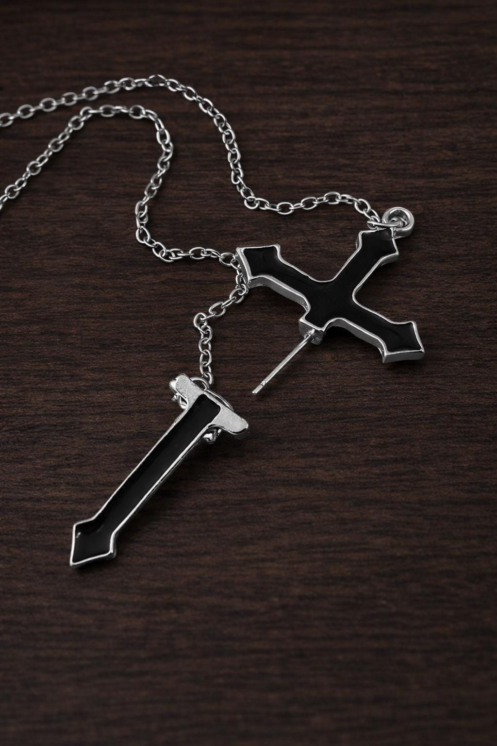 Black Cross Chain Stud Earring, Gothic Dangle, Edgy Statement Jewelry (Single Piece)