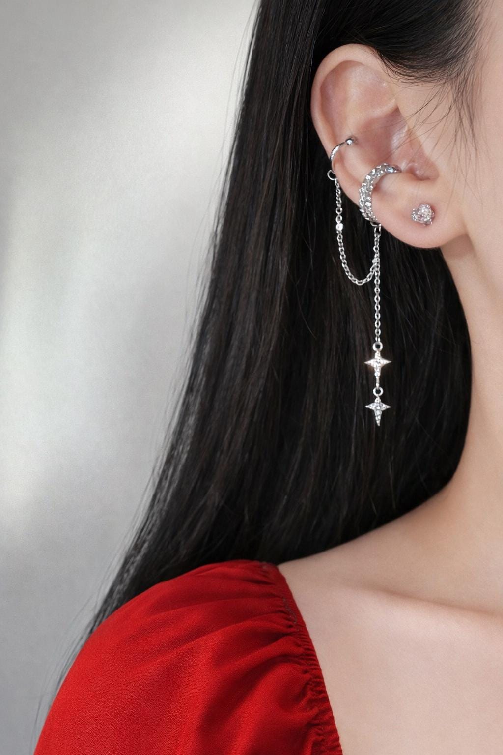 Black Cross Chain Stud Earring, Gothic Dangle, Edgy Statement Jewelry (Single Piece)