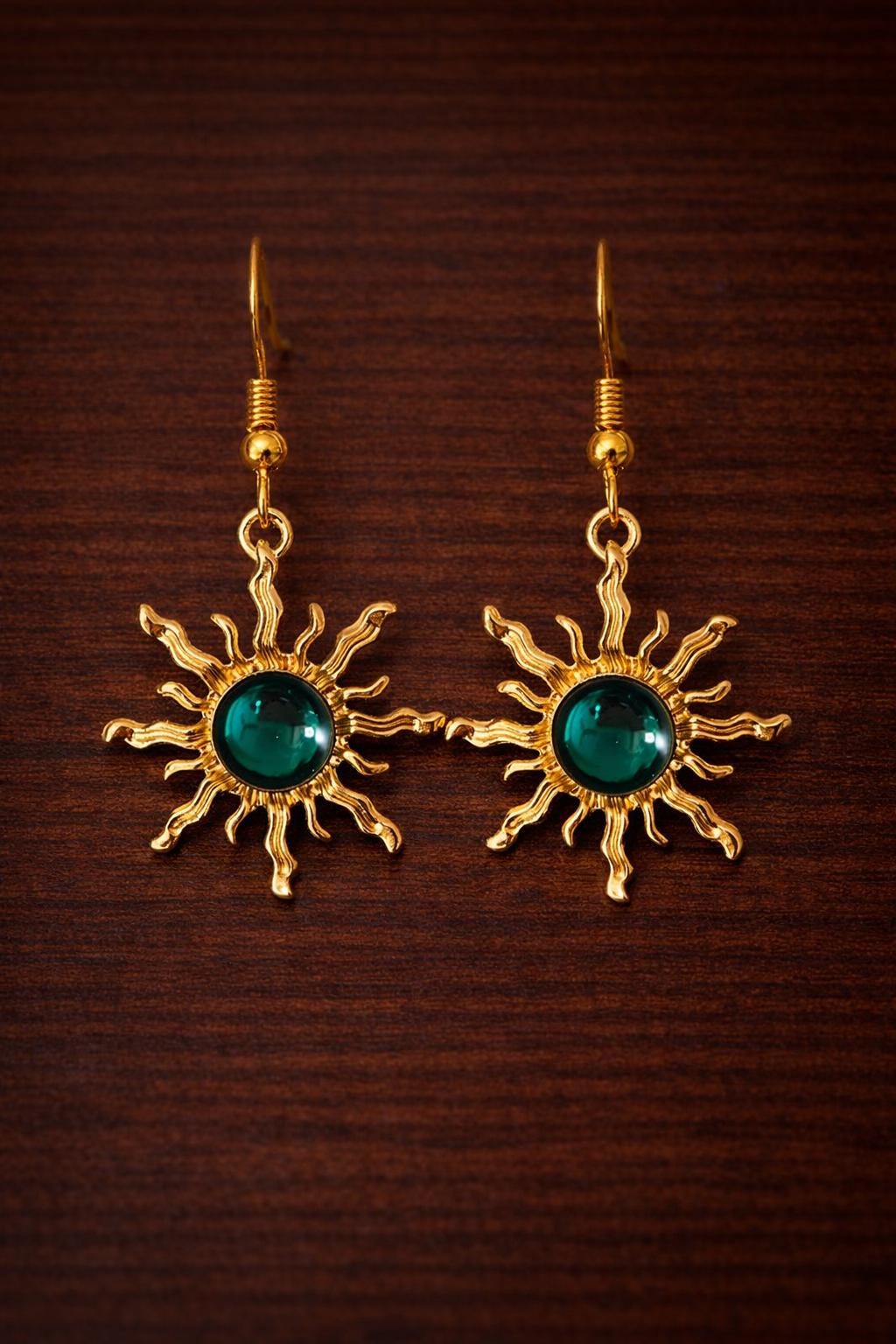 Boho Baroque Sunflower Dangle Earrings, Gold Plated Faux Jade Sunburst Jewelry