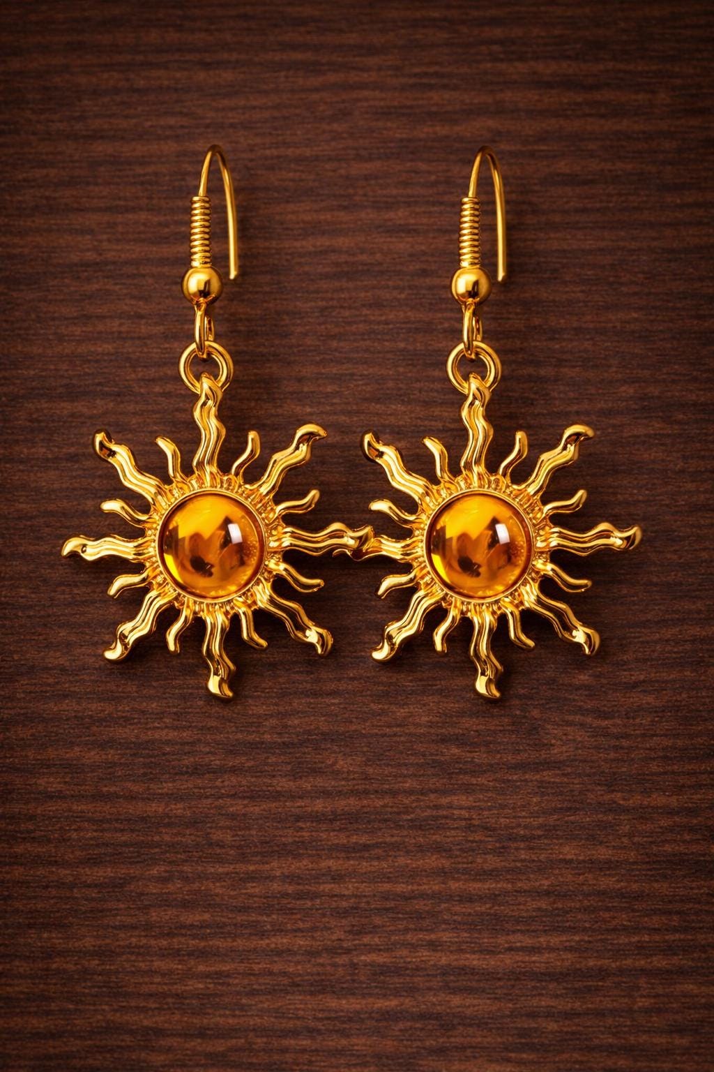 Boho Baroque Sunflower Dangle Earrings, Gold Plated Faux Jade Sunburst Jewelry